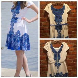 Dress Barn Fit & Flare Dress, Blue & White Paisley